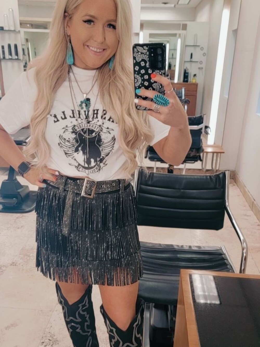 Kiwi Black Beaded Fringe Mini Skirt with Belt
